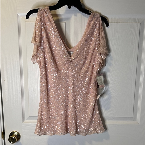 Papell Boutique Tops - Pink Sequin V-Neck Top